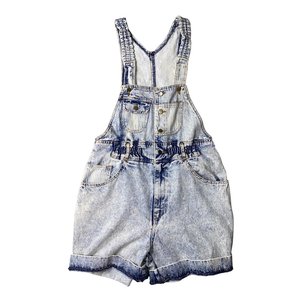Acid wash light blue short overalls .